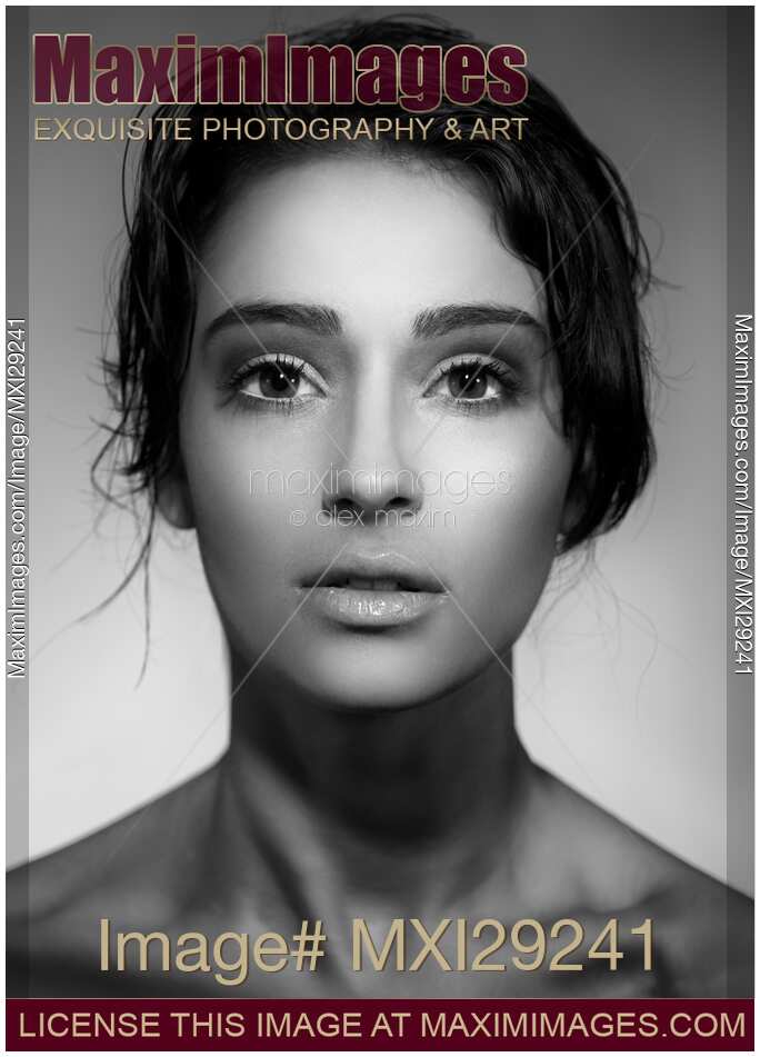 Beautiful Young Woman Face with short dark hair Black and white Portrait