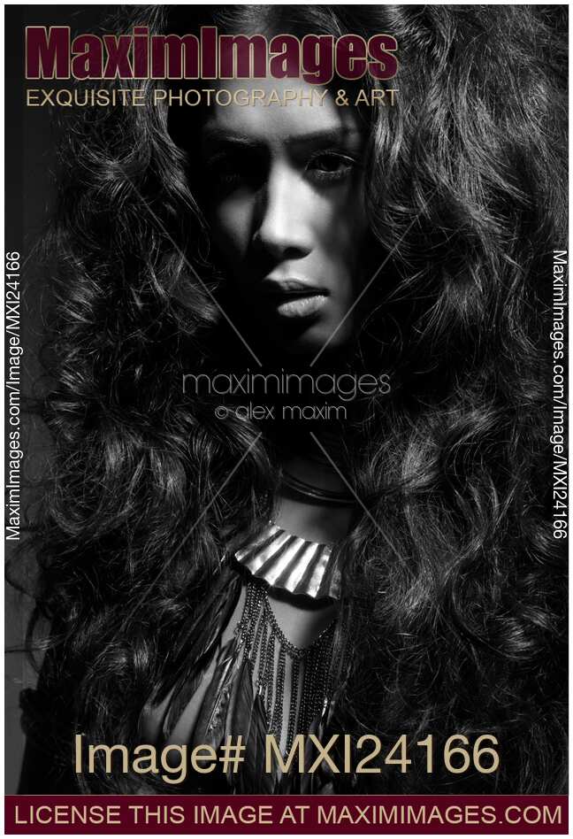 Beauty portrait of a woman with long dark hair black and white