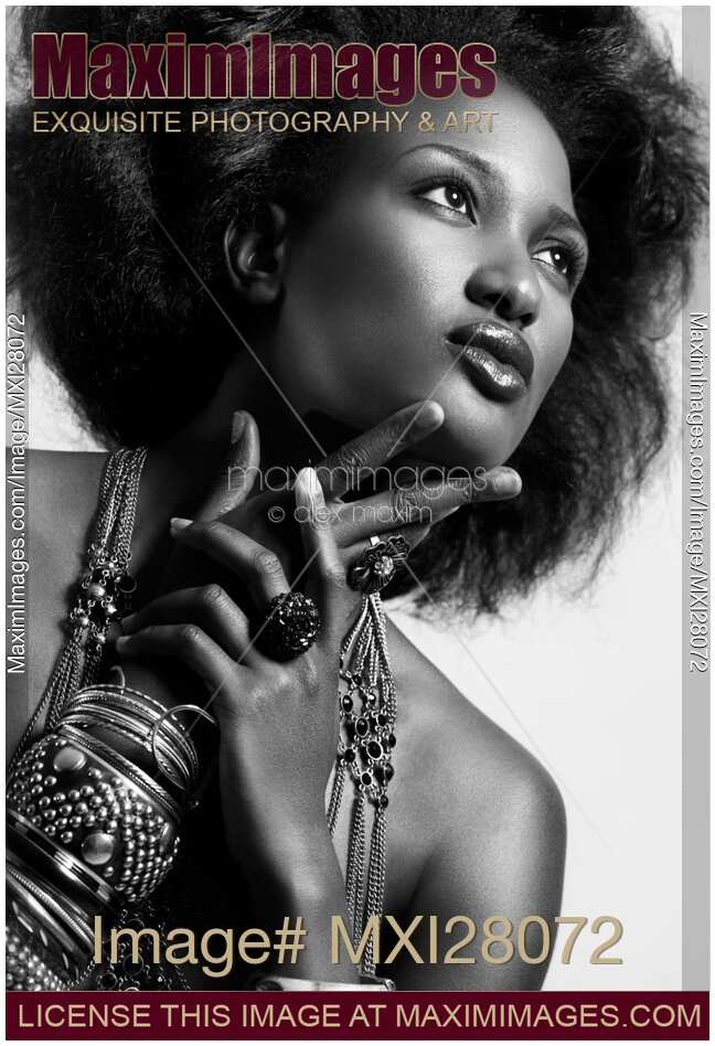 Beauty portrait of african american woman wearing jewellery black and white