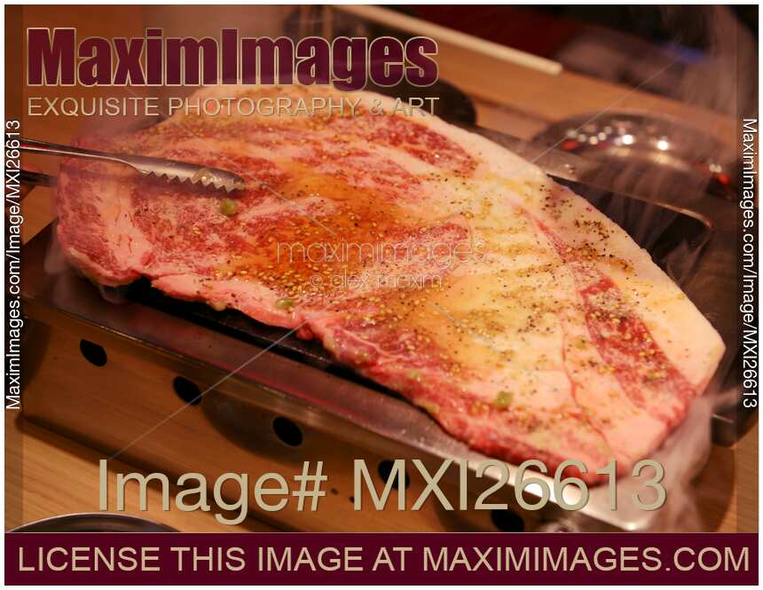 Beef cooked on grill at Japanese restaurant