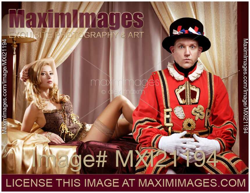 Beefeater, Royal bodyguard and a beautiful sexy lady sitting on a bed