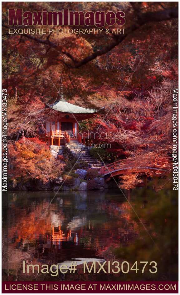 Bentendo Hall and a bridge reflecting in a pond at Daigoji temple in Kyoto Japan