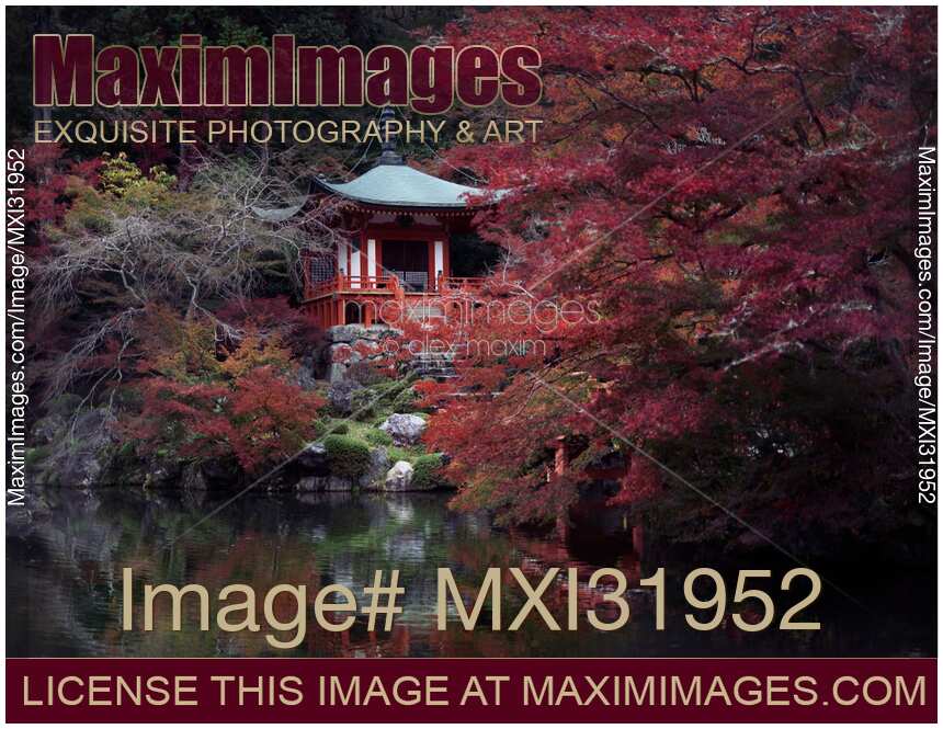 Bentendo Hall by the pond at Daigoji temple in atmospheric autumn scenery Kyoto