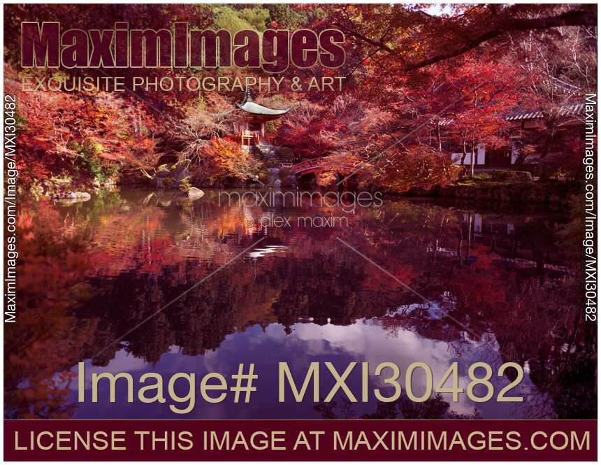 Bentendo Hall pond surreal colorful autumn scenery at Daigoji temple Kyoto
