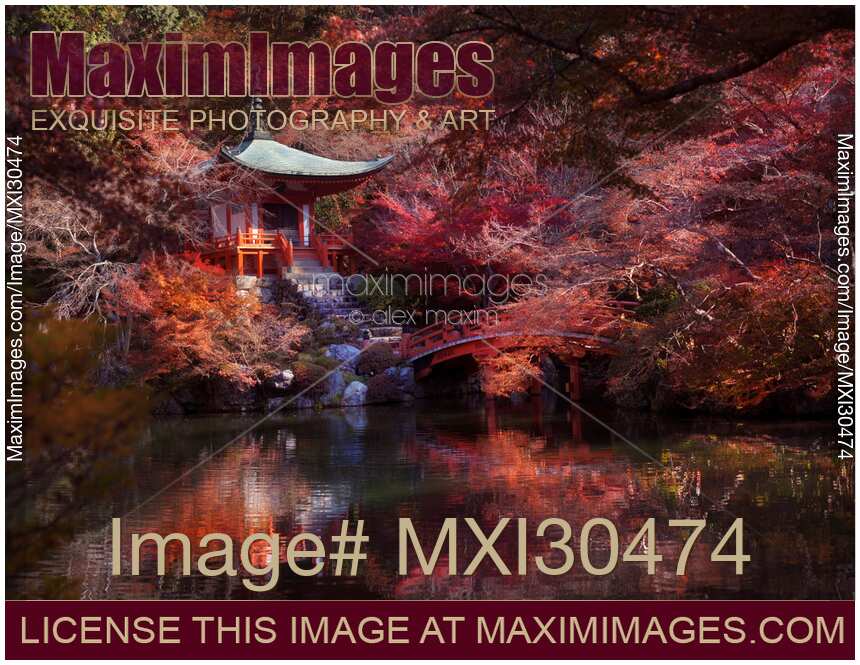 Bentendo Hall with a bridge over a pond at Daigo-ji temple beautiful red autumn scenery Kyoto Japan