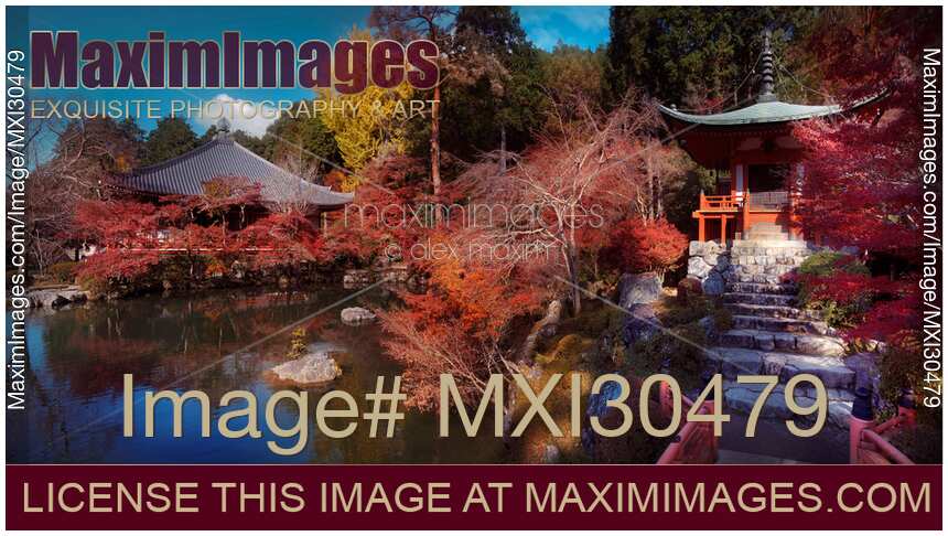 Bentendo Hall with a pond and Daikodo Hall at Daigoji temple beautiful autumn panorama Kyoto Japan