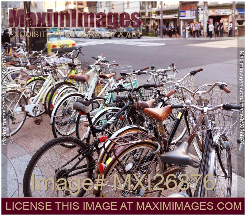 Bicycles parked on streets of Kyoto