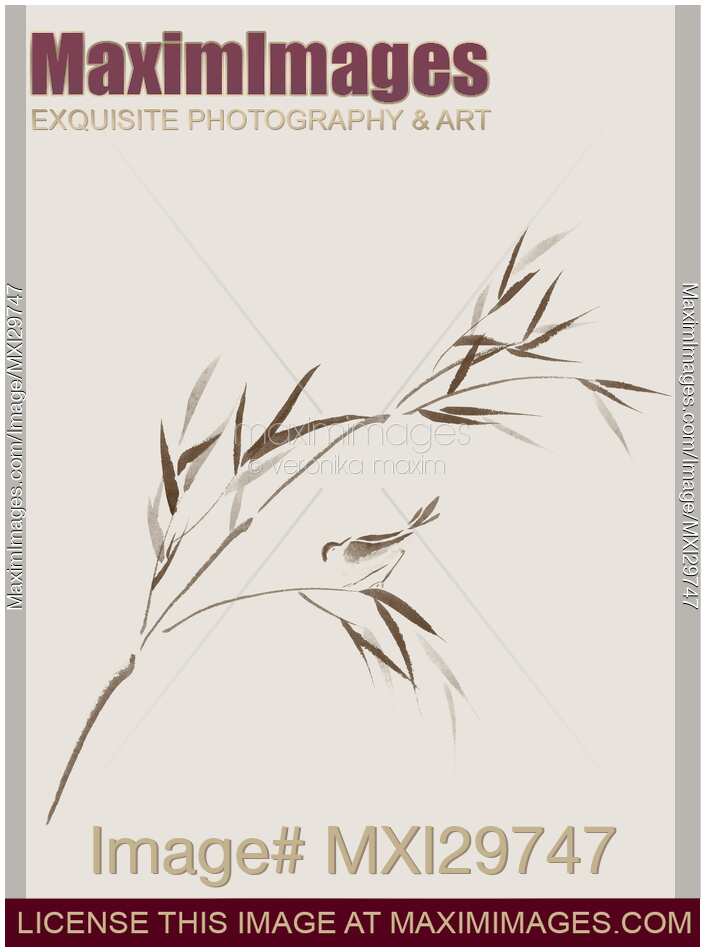 Bird on a bamboo branch Delicate romantic Zen style design on light beige background