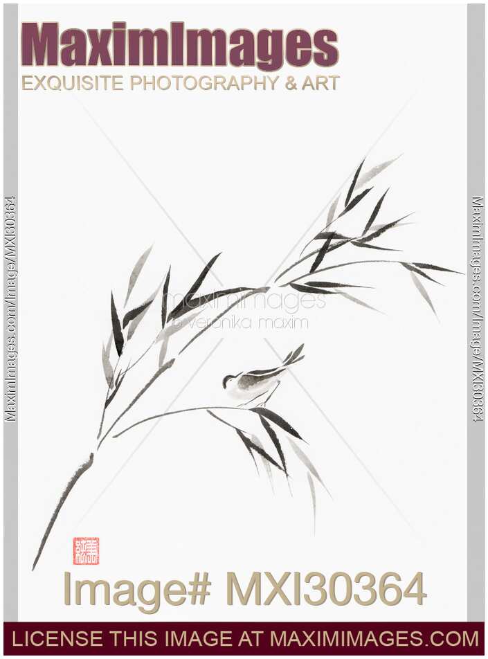 Bird on a bamboo branch Japanese Zen Sumi-e painting on white rice paper