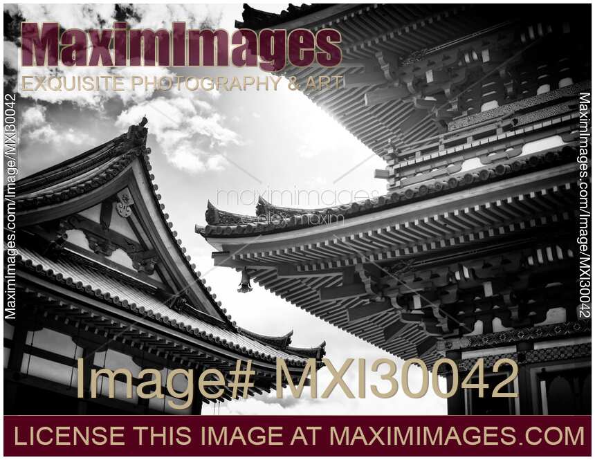 Black and white Architectural detail of Sanjunoto pagoda building at Kiyomizu-dera temple Kyoto
