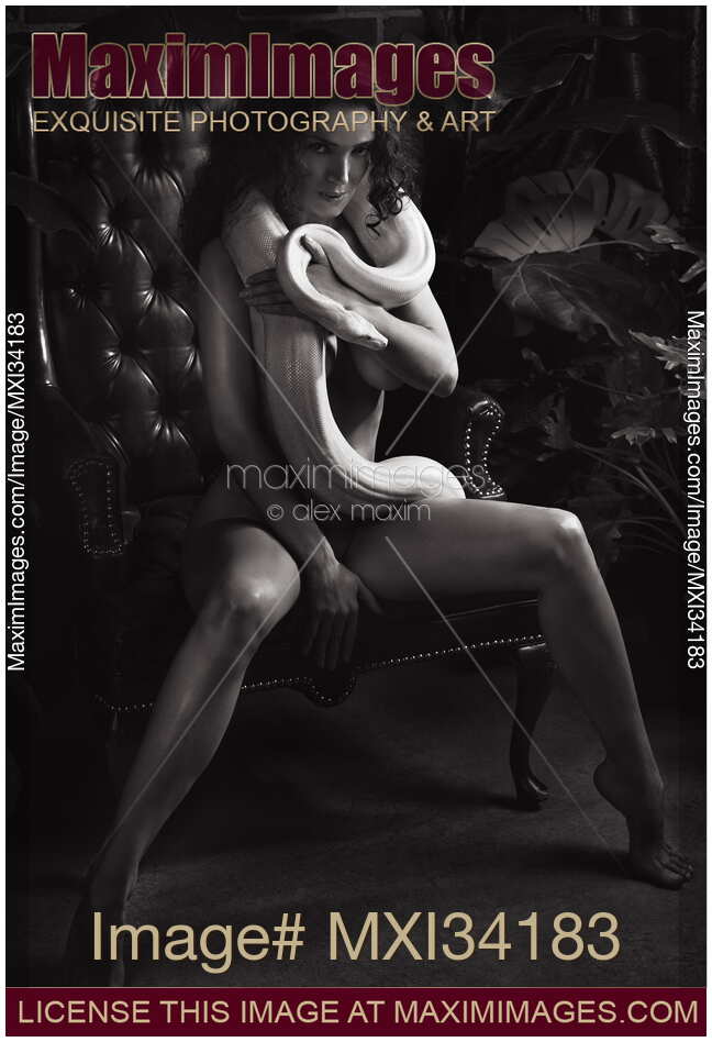 Black and white portrait of a seductive woman sitting in a chair with a white boa snake coiled around her naked body