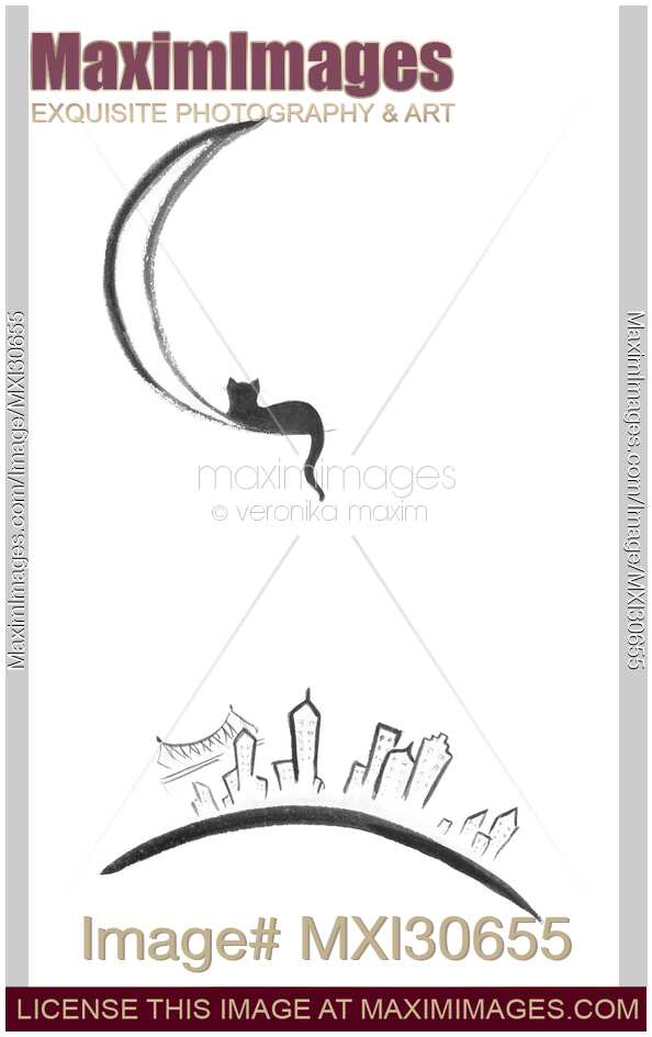 Black cat lying on the moon above New York city sumi-e illustration design