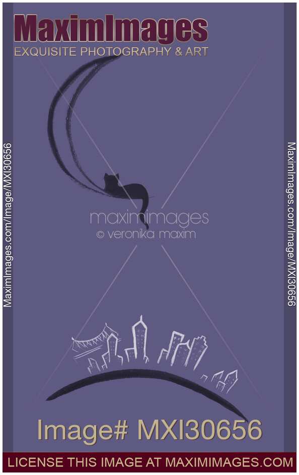 Black cat lying on the moon above New York city sumi-e illustration design