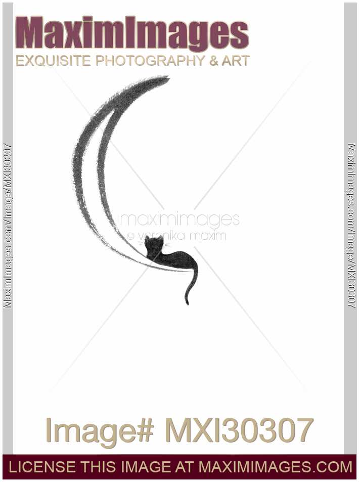 Black cat lying on the waning moon artistic illustration design on white