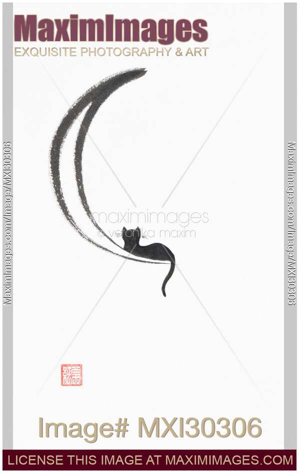 Black cat lying on the waning moon Japanese Zen Sumi-e painting on white rice paper