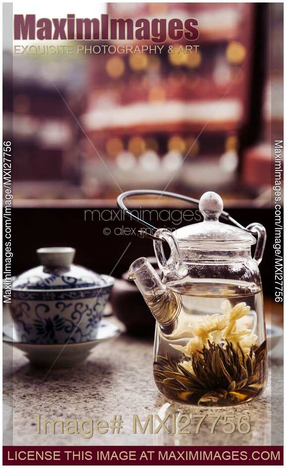 Blooming tea teapot at traditional tea house in Shanghai old town