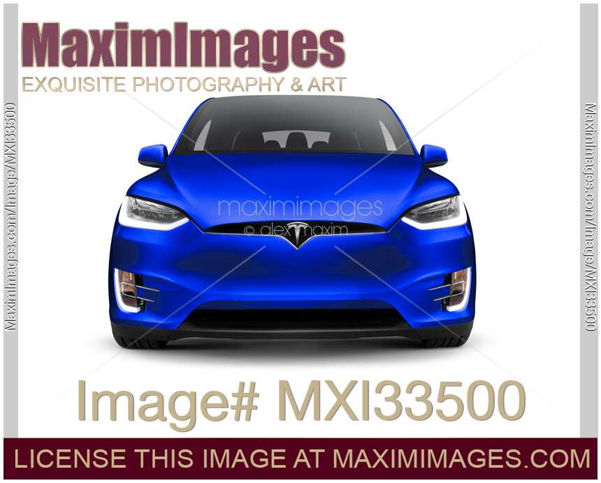 Blue Tesla X luxury SUV electric car front view isolated on white