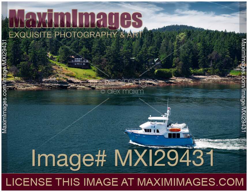 Boat going past Galiano Island near Vancouver Island BC