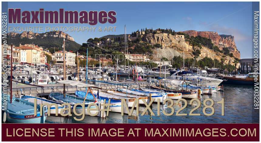 Boats in a quay of Cassis port town in Southern France Panoramic scenery