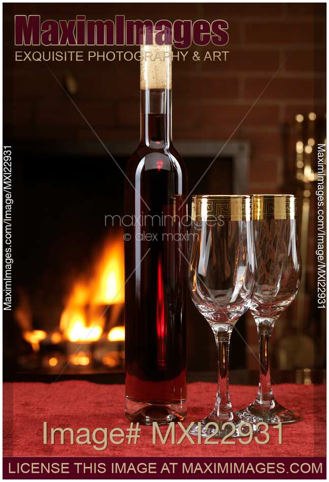 Bottle of Red Wine and Two Wine Glasses