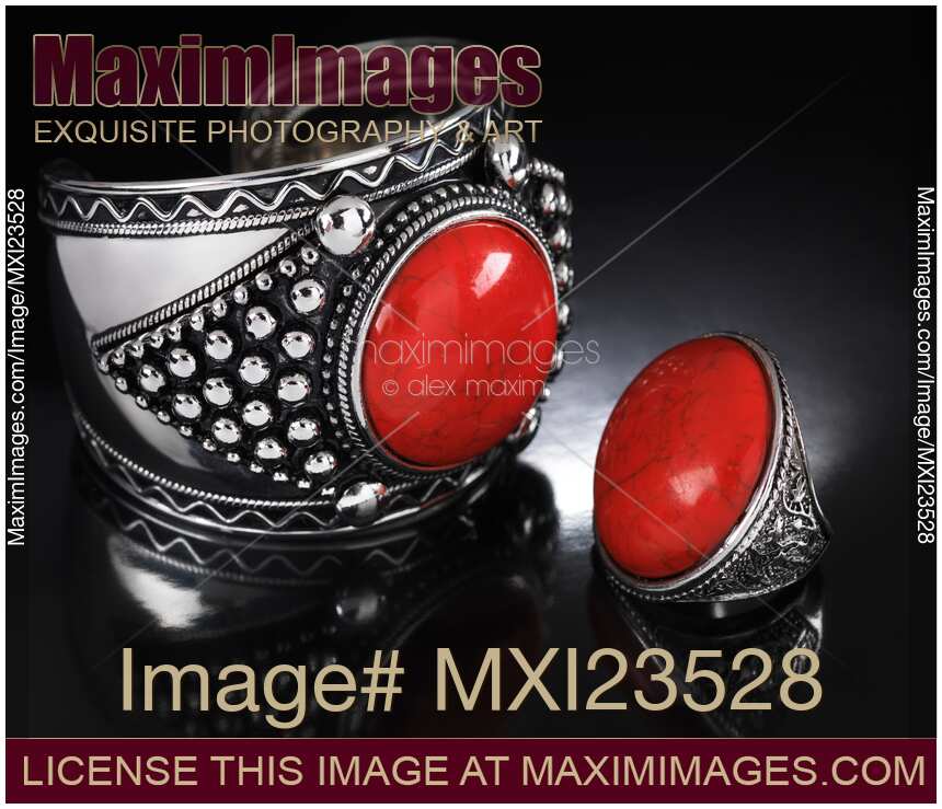 Bracelet and Ring with Red Stones