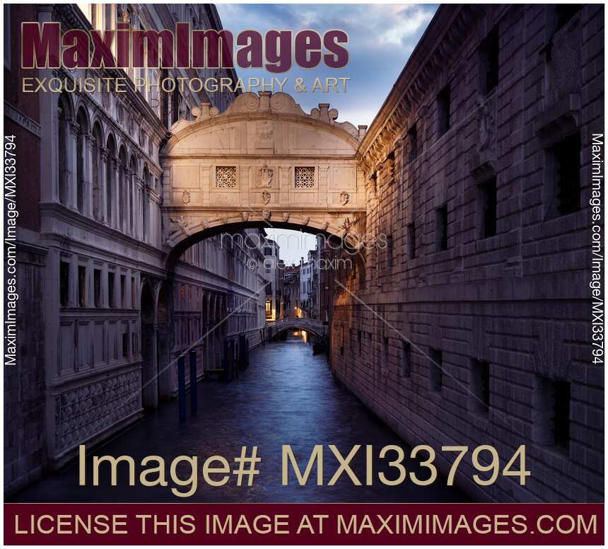 Bridge of Sighs of Piombi prison at the Doge's Palace in Venice Italy at night