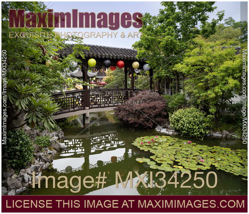 Bridge over a pond at Lan Su Chinese Garden in Portland Oregon