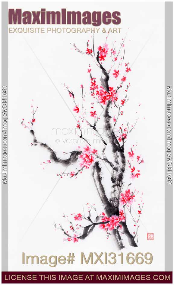 Bright bushy sakura tree with pink and red flowers sumi-e ink painting