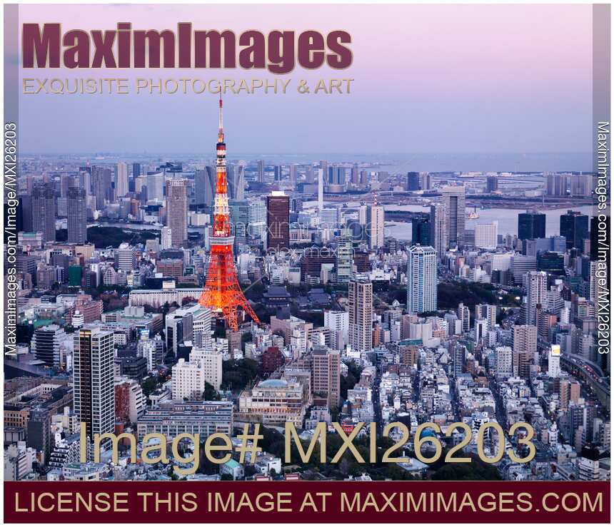 Bright red Tokyo Tower in city scenery at dusk