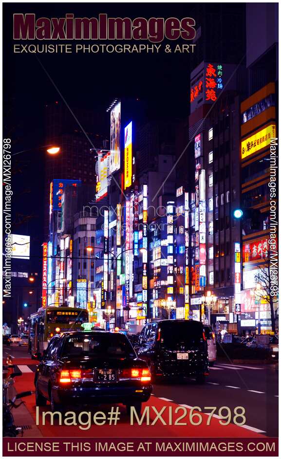 Bright Yasukuni Dori street at night Shinjuku Tokyo