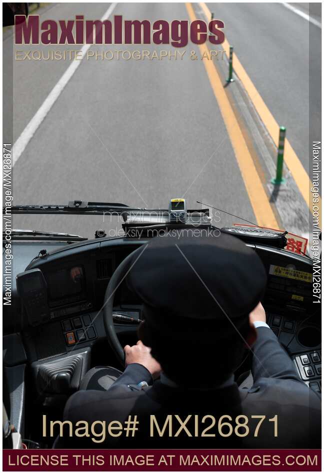 Bus driver at steering wheel