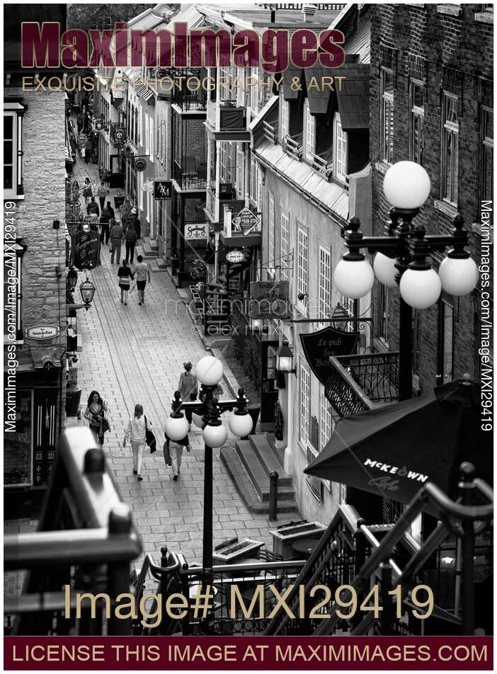 Busy historic streets of Old Quebec City Rue du Petit-Champlain Black and white