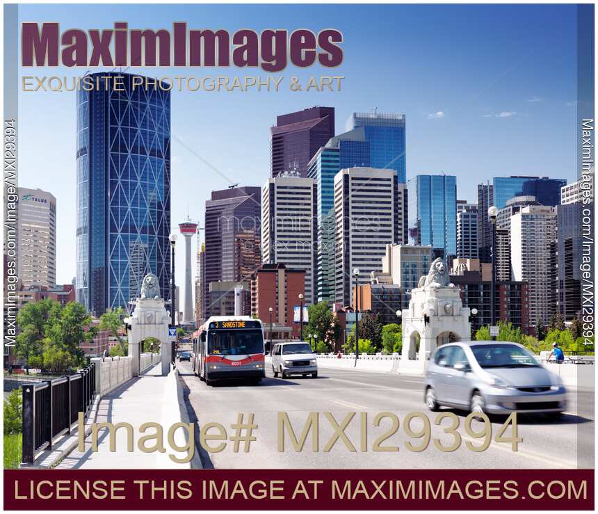 Calgary city traffic on Centre Street Bridge with downtown skyline