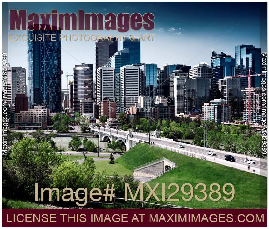 Calgary downtown skyline and Centre Street Bridge artistic dramatic scenery