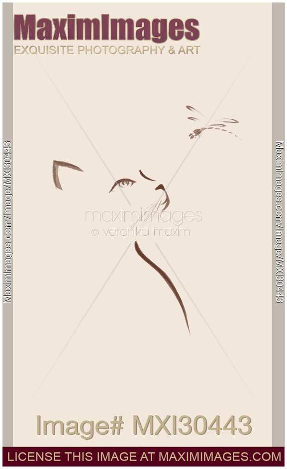 Cat looking up at a dragonfly Japanese Zen illustration design on beige