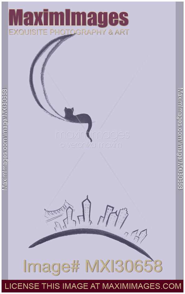 Cat lying on the moon above New York city artistic illustration design in lavender purple