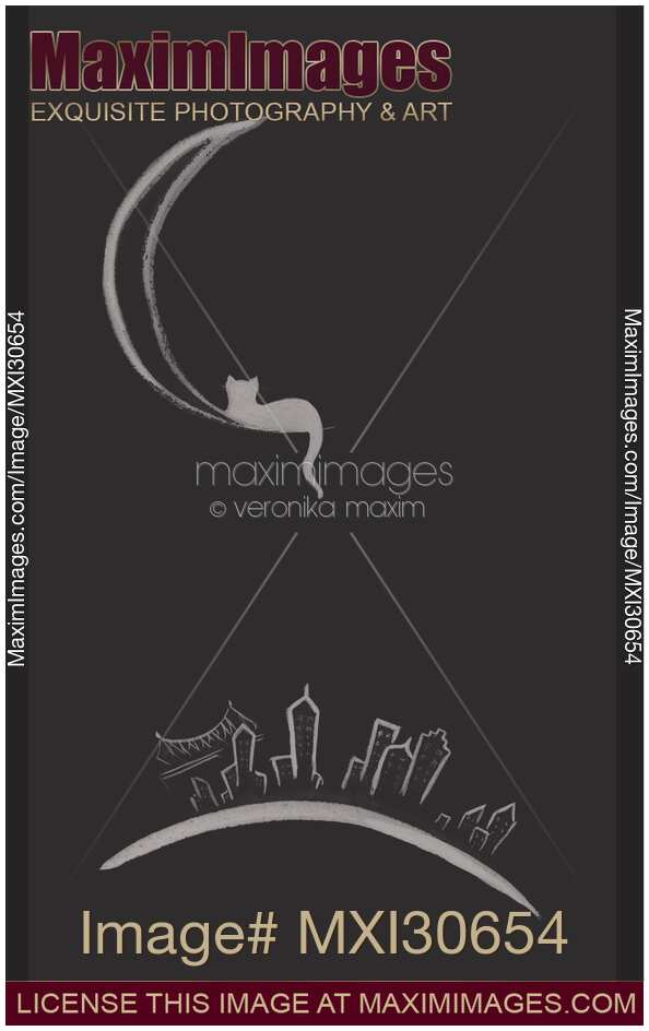 Cat lying on the moon above New York city at night illustration design on black background