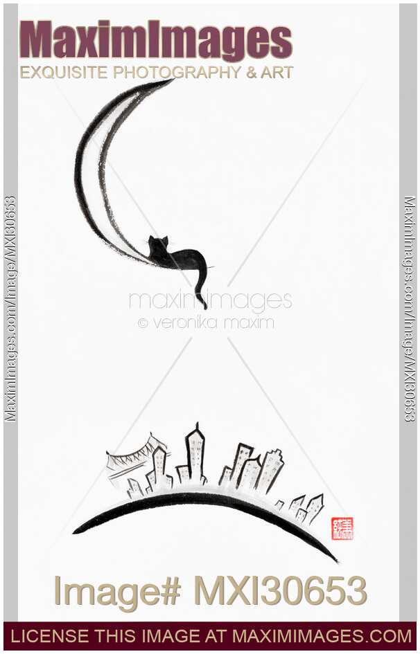Cat lying on the moon over New York city skyline Japanese Zen style Sumi-e painting on white rice paper