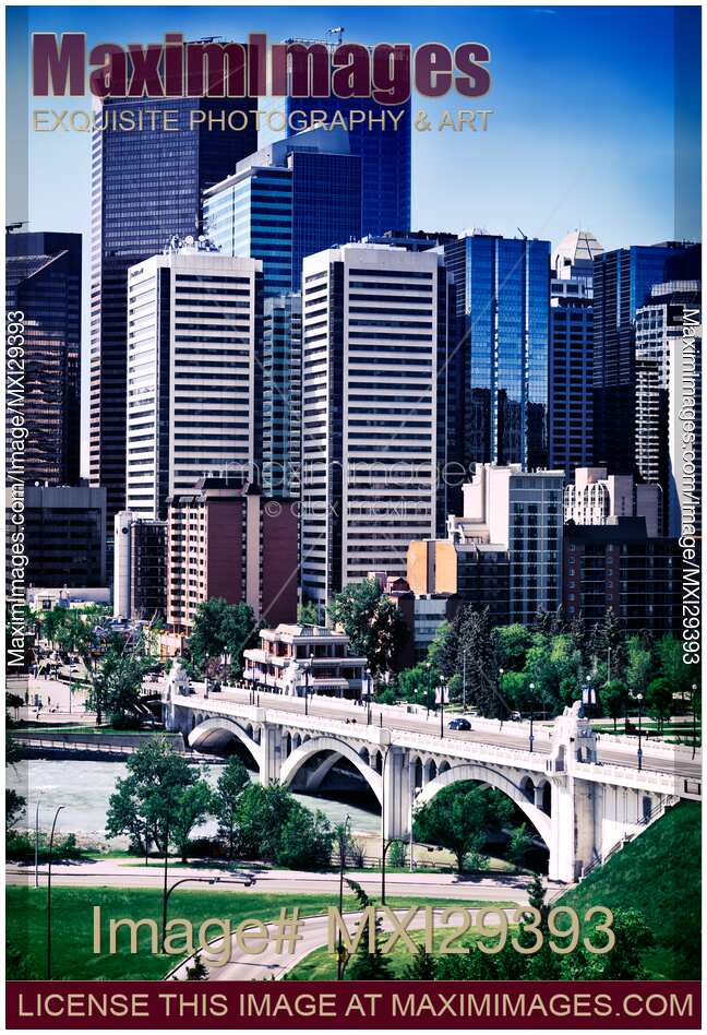 Centre Street Bridge and Calgary downtown towers in artistic colors