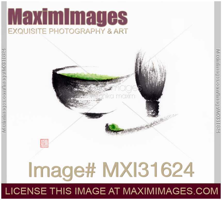 Ceremonial matcha set still life Sumi-e Japanese ink painting