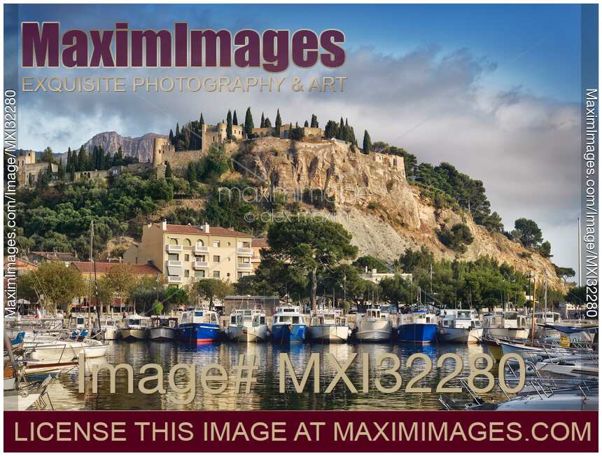 Chateau de Cassis French castle on cliff-top in Cassis port town view from harbor Southern France
