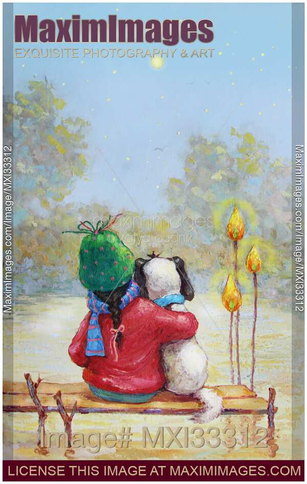 Child and a pet dog dreaming together sitting on a pier under starry night sky looking at the moon