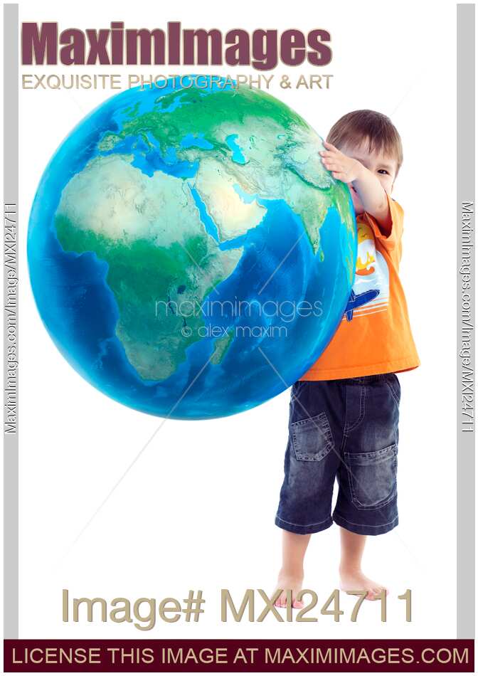 Child holding world Earth globe in his hands