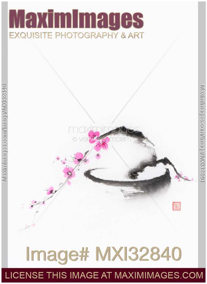 Chinese brush painting of a dreamy bonsai sakura tree in a pot with pink blossoms