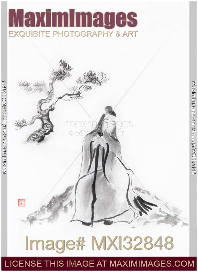 Chinese brush sumi-e painting of Lao Tzu old sage conversing with a heron