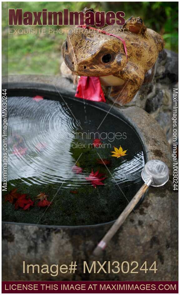 Chozubachi cleansing water basin at Fuku Kaeru Frog shrine in Kyoto Japan