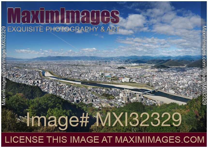 City of Gifu aerial scenery panorama on Nagara River Gifu prefecture Japan