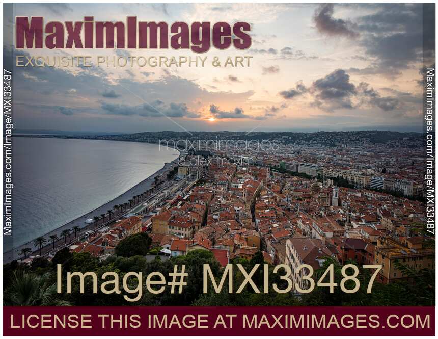 City of Nice aerial landscape scenery of the old town at sunset, France