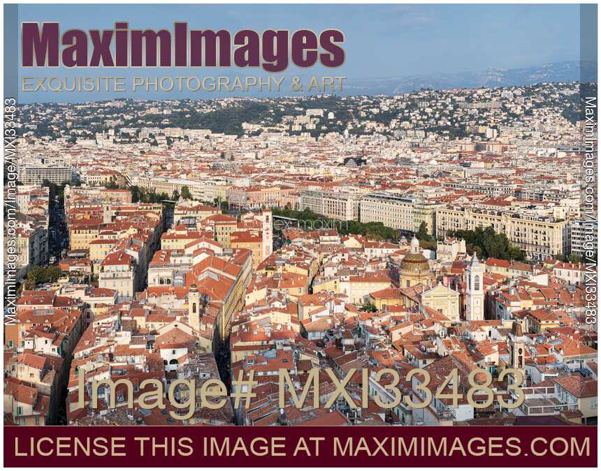 City of Nice, France aerial landscape scenery of old city historic architecture and clay tile rooftops