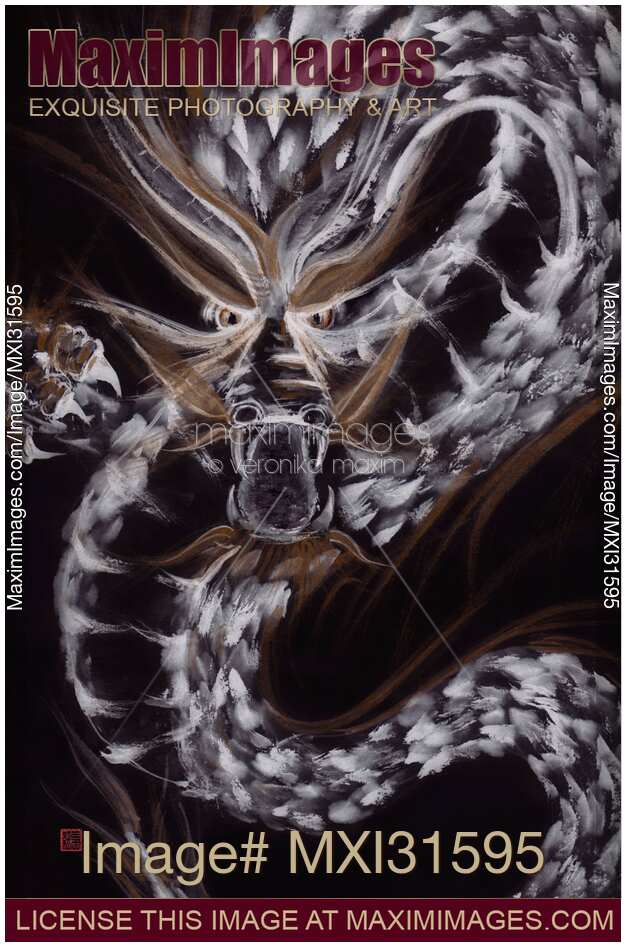 Closeup of a fierce dragon face sumi-e ink painting on black